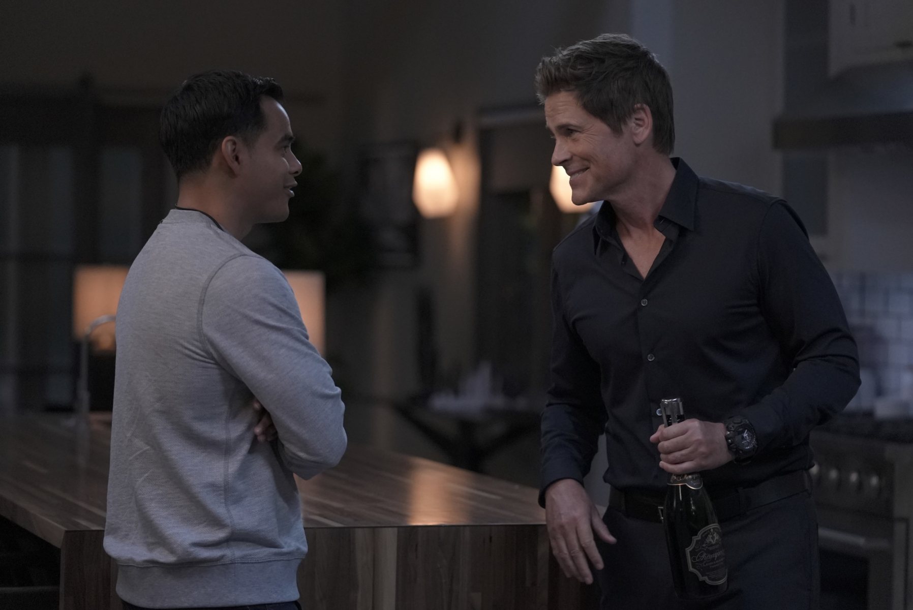 9-1-1 LONE STAR: L-R: Julian Works and Rob Lowe in the "Sellouts" episode of 9-1-1 LONE STAR airing Tuesday, Mar 28 (8:00-9:01 PM ET/PT) on FOX. © 2023 Fox Media LLC. CR: Kevin Estrada/FOX.